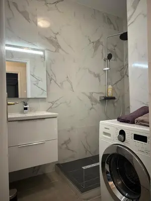 a bathroom with a washing machine and a sink at Grand Studio avec Coin Nuit et Parking in Saint-Laurent-du-Var