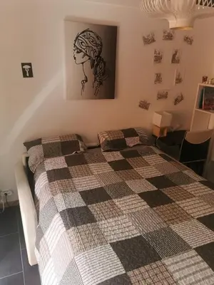 a bedroom with a bed with a checkered blanket at CHAMBRE CHEZ L'HABITANT - ROOM IN THE OWNER'S APARTMENT in Nice