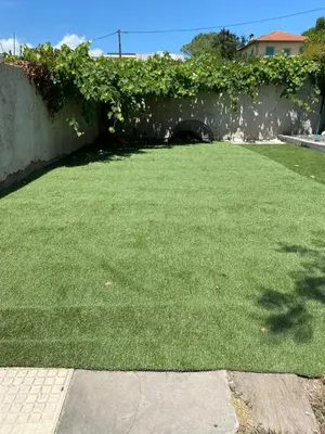 a large yard with green grass next to a wall at Maisonnette Cagnes in Cagnes-sur-Mer