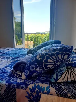 a bed with a blue blanket and pillows on it at Spacieux/paisible 5 pièces en plein coeur de Nice in Nice