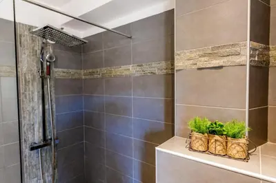 a bathroom with a shower and two plants on a shelf at SUEDE 3 AP4209 By Riviera Holiday Homes in Nice