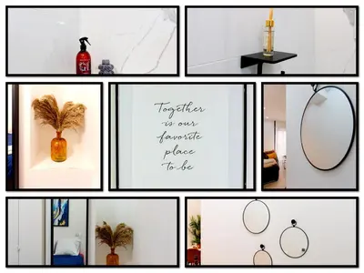 a collage of photos of a bathroom with a mirror at City Vibes, Indoor Parking, Breakfast & Air Conditioning in Nice