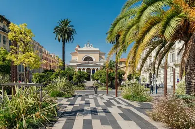 a street with palm trees in front of a building at 