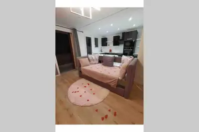 a living room with a couch and a rug at Nid d'amour baignoire/jacuzzi in Nice