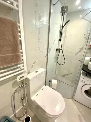 a white bathroom with a shower and a toilet at LE ROCAMARE -Superb-Atypical Sea view-A.C-WIFI in Nice