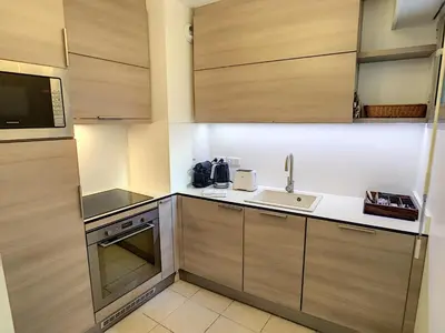 a small kitchen with wooden cabinets and a sink at Nestor&Jeeves - PALAIS MEDITERRANEE TERRASSE - Central - Very close sea in Nice