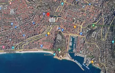 a map of a city with colored lights at Modern, traditional , bright and stylish appartement in Nice