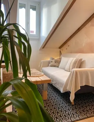 a living room with a bed and a potted plant at Lovely 1 Bedroom Apartment - Heart of Nice in Nice