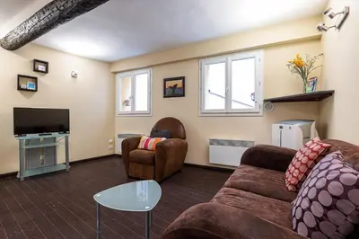a living room with a couch and chairs and a tv at Atypical Cozy 1 Bdr Old Town in Nice