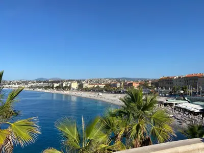 a view of a beach with palm trees and buildings at Villa avec piscine chauffée Nice collines in Nice