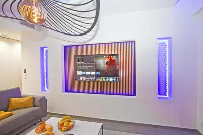 a living room with a couch and a tv on a wall at Luxury Garden Jacuzzi Promenade in Nice