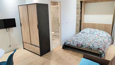 a bedroom with a bed and a wooden cabinet at hypercentre lamartine 001 in Nice