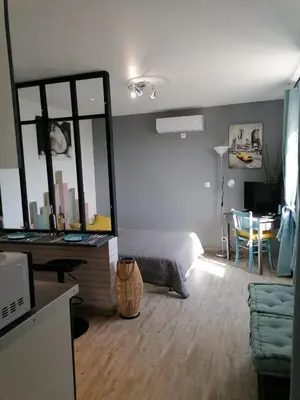 a bedroom with a bed and a desk with a mirror at Studio Anoe in Nice