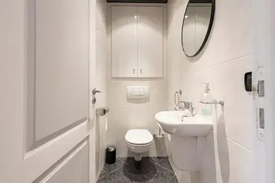 a white bathroom with a toilet and a sink at From 1882, romantic flat, in the Golden Square in Nice