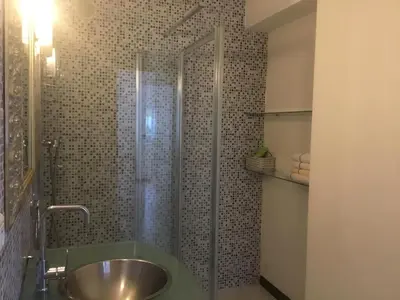 a bathroom with a shower and a sink at Loft 2 in La Trinité