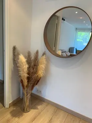 a vase with feathers in a room with a mirror at Appartement en résidence avec piscine in Nice