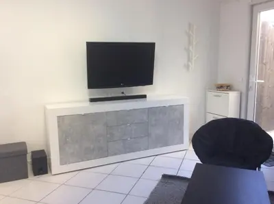 a living room with a flat screen tv on a entertainment center at Les palmiers in Nice