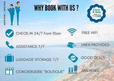 a diagram of why book with us at Nestor&Jeeves - STANDING BAQUIS - Central - Close sea in Nice