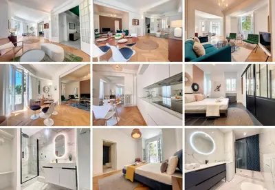 a collage of photos of a living room and dining room at Nestor&Jeeves - STANDING BAQUIS - Central - Close sea in Nice