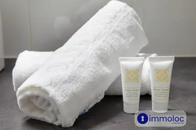 a towel and two bottles of lotion on a bathroom counter at Apartment T2 air-conditioned sea view in Saint-Laurent-du-Var