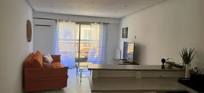 a living room with a desk and a couch at Nice la Belle, city centre 1 bed, 2 terrace, quiet in Nice