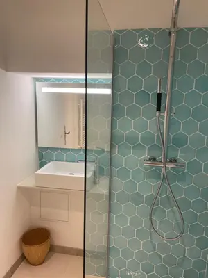 a bathroom with a shower and a sink at Summerhouse 2 bed quiet Old Nice balcony100m beach in Nice