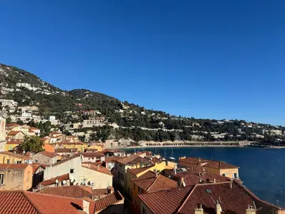 a view of a town on a hill next to the water at Excellent location - Sea Views in Villefranche-sur-Mer