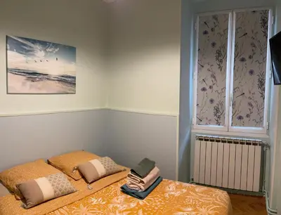 a bedroom with a bed with two pillows and a window at appartement cosy - 2 chambres, situé en Centre Ville in Nice