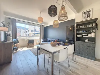 a kitchen and dining room with a table and chairs at Nestor&Jeeves - BLUE PEARL - Port area - Close Old Town in Nice