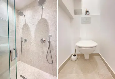 two pictures of a bathroom with a shower and a toilet at Nestor&Jeeves - LE PIERLAS - Place Garibaldi - Very close Old Town in Nice