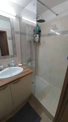 a bathroom with a glass shower and a sink at Appartement 2 pièces Nice in Nice