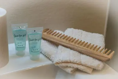 a hairbrush and a comb and towels on a sink at 2P neuf au Coeur de St Jean Cap Ferrat in Saint-Jean-Cap-Ferrat