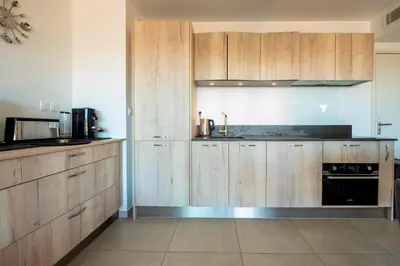 a kitchen with wooden cabinets and a black appliance at Blue Pearl A008 By Avecoeur in Nice