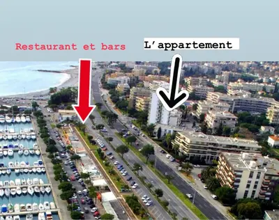 an aerial view of a city with a red arrow pointing to the beach at Appartement bord de mer avec piscine in Saint-Laurent-du-Var