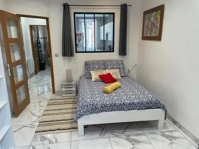 a bedroom with a bed with two pillows and a mirror at Nice Libération in Nice
