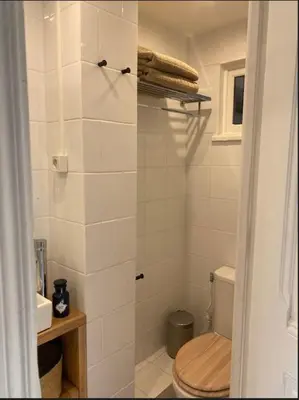 a small bathroom with a toilet and a shower at Studio Nice Le Palais, avec cuisine et espace repas séparés, dans immeuble niçois, Port de Nice, Vieux Nice, Place du pin et Garibaldi, Colline du château, à 2 minutes de la promenade des Anglais in Nice