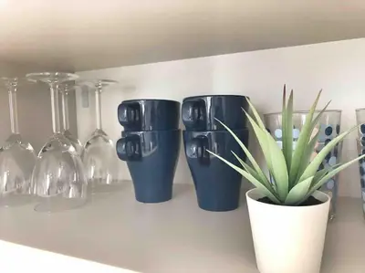 four blue cups sitting on a shelf with a potted plant at Homelivia, Votre Appartement ideal pour découvrir Nice in Nice