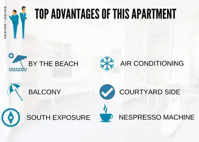 a screenshot of the top advantages of this apartment and the benefits of art conditioning at Nestor&Jeeves - ROSIE FRANCE RIVIERA - Close sea - Balcony in Nice