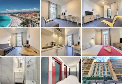 a collage of photos of a hotel room at Nestor&Jeeves - GOLDIE FRANCE RIVIERA - Very close sea in Nice