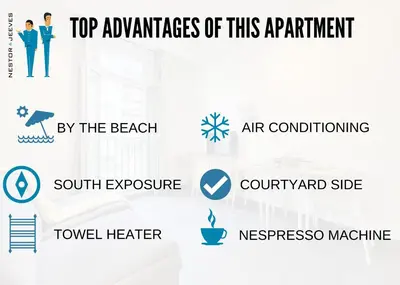 a diagram of the top advantages of this apartment and the manifestations of a beach at Nestor&Jeeves - GOLDIE FRANCE RIVIERA - Very close sea in Nice