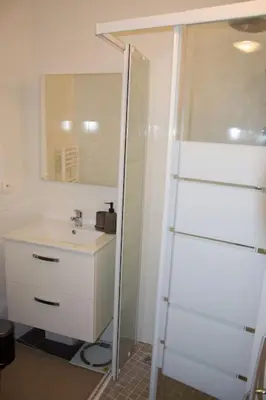 a bathroom with a sink and a shower with a mirror at 4 pièces à Nice - 20 min de la plage in Nice