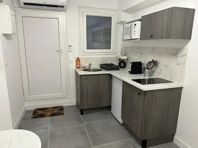 a kitchen with a sink and a counter top at Apart Nissa Bella Seafont / Promenade des Anglais in Nice