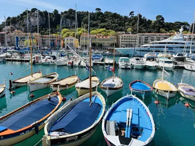 a group of boats docked in a marina with a cruise ship at John Homestay Room in Nice in Nice