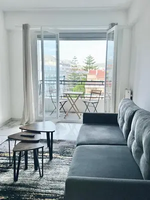 a living room with a couch and a large window at Orangers Apartment in Nice