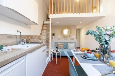 a kitchen and living room with a loft bed at MY CASA - PREFECTURE 15 - Old Town Duplex 2 double beds in Nice