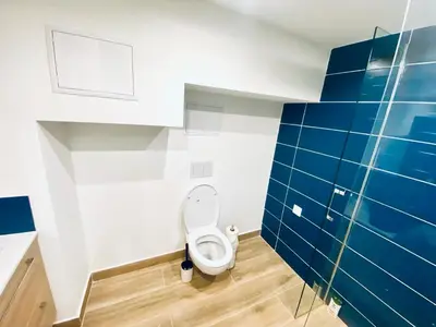 a bathroom with a toilet with blue tiles at T3 carré d’or plein centre in Nice
