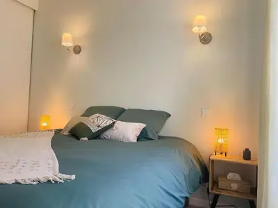 a bedroom with a blue bed with two pillows at Appartement Carré d’Or Nice in Nice