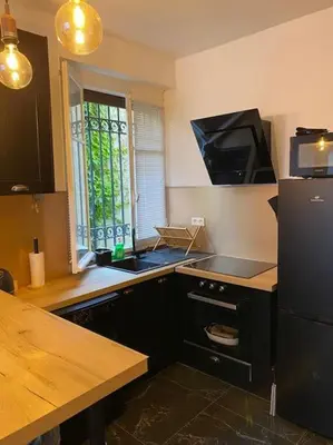 a kitchen with a black refrigerator and a sink at Appartement tout confort, agréable à vivre in Nice